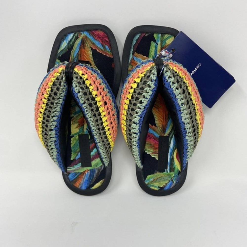 Farm Rio Black Banana Puffy Fluffy Crochet Flip Flop Sandals Womens Size‎ 6 NWT